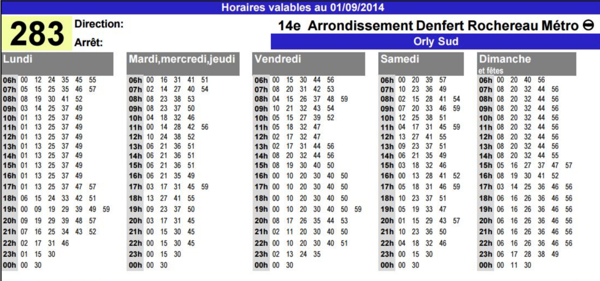 Nous sommes samedi et il est 14h32. J'habite à 7 minutes à pied de cette station du 283. Quel bus pourrai-je prendre ?