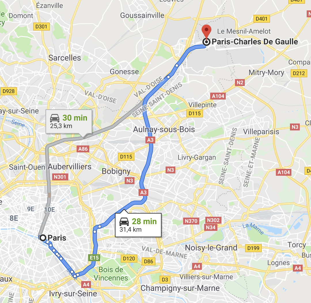 Il est 16h57. Je suis en voiture et il y a des embouteillages. Je suis au centre de Paris et j'ai un RDV à l'aéroport Charles de Gaulle à 17h20. Vers quelle heure arriverai-je ?