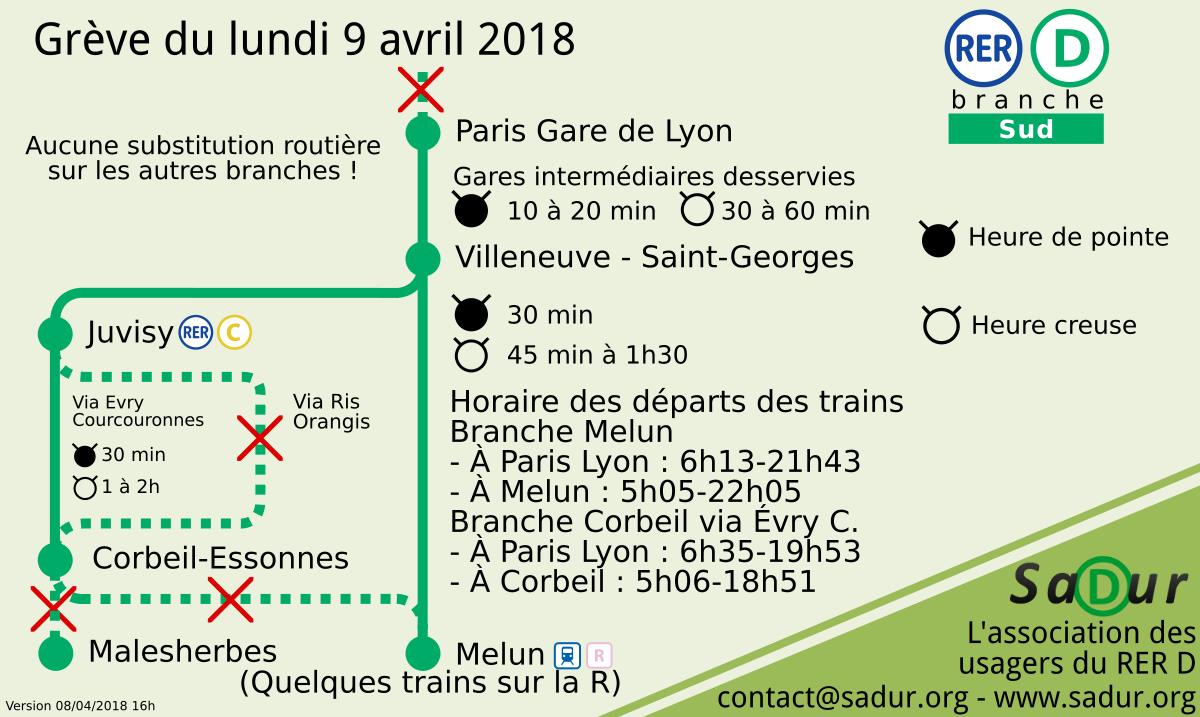 J'habite à la Gare de Lyon. Aujourd'hui, mon RER fait grève. Il est 8h06 et j'aimerais aller à Corbeil-Essonnes. A quelle heure arrivera le prochain train ?