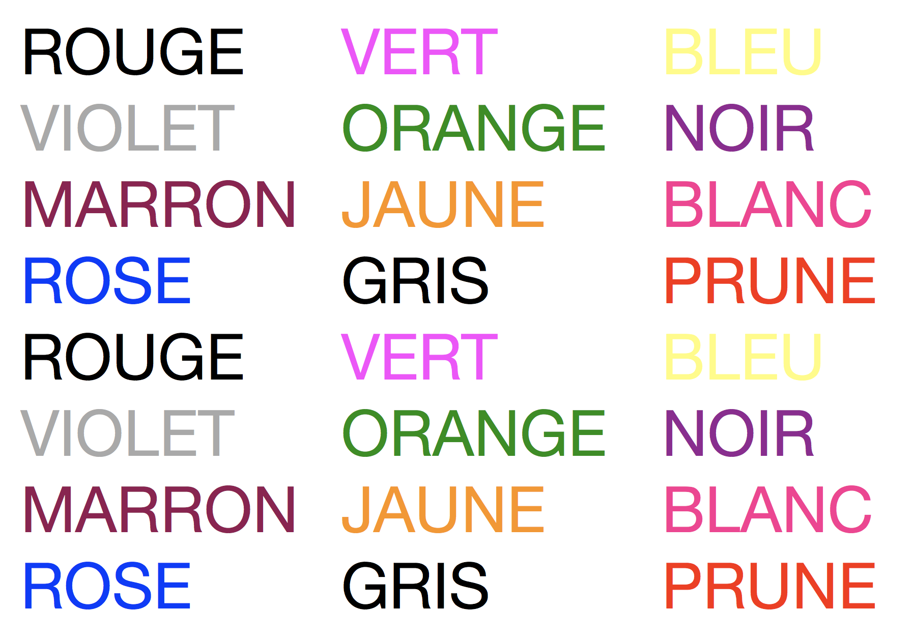 Dans l'image ci-après, une seule couleur est correctement associée à son nom. Laquelle est-ce ?