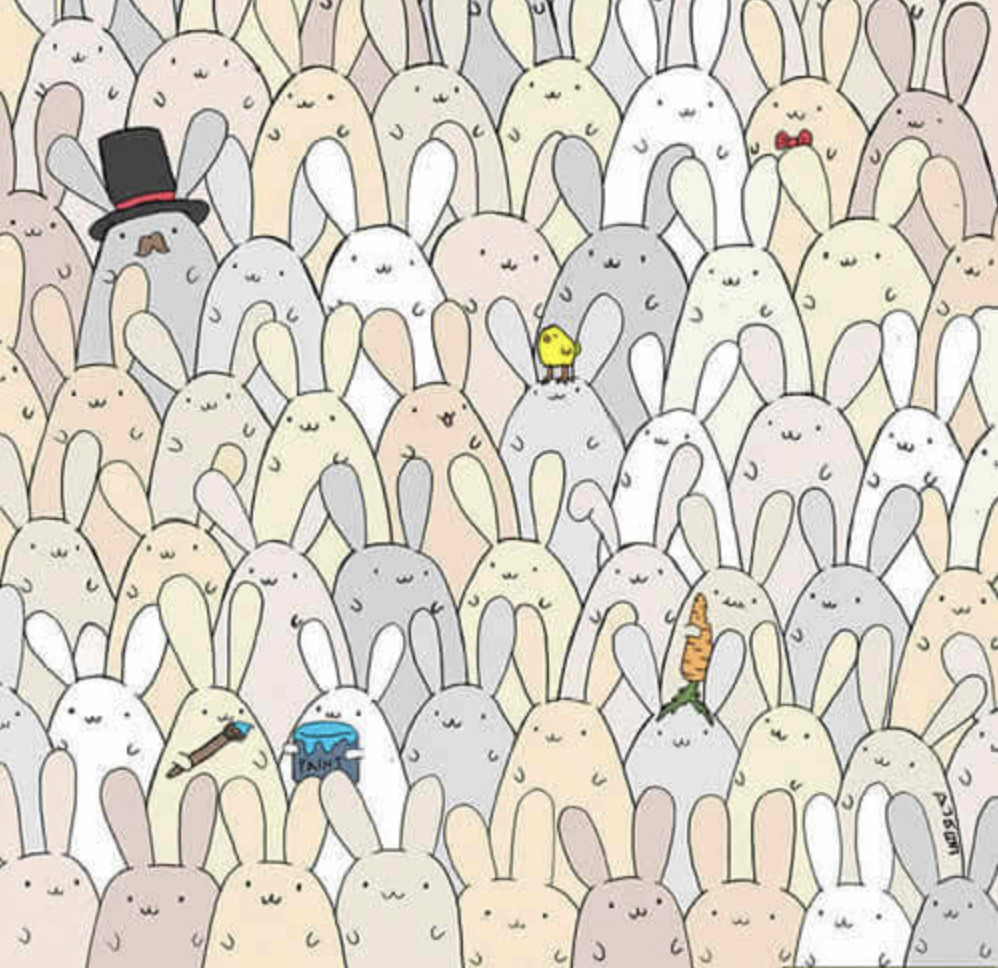 Dans le dessin ci-après, un oeuf s'est caché parmi les lapins. Où se trouve t-il ?